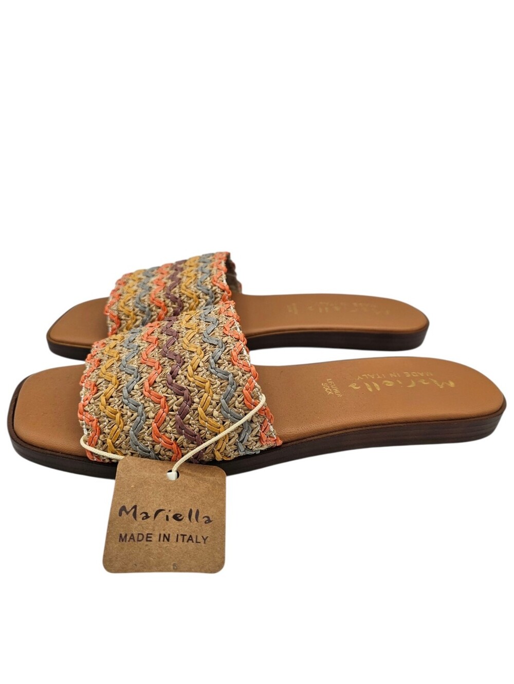 NEW Mariella Multicolored Chevron Woven Raffia Leather Flat Slide Sandals
